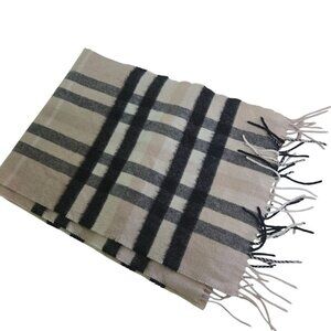 Cashmink Tartan Plaid Tan Fringe Soft Cashmere Scarf Neutral Size 60"x11"